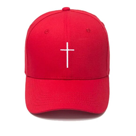 Cross Embroidered Christian Bright Red Baseball Cap, Adjustable Hat, Mens Womans - Picture 1 of 1